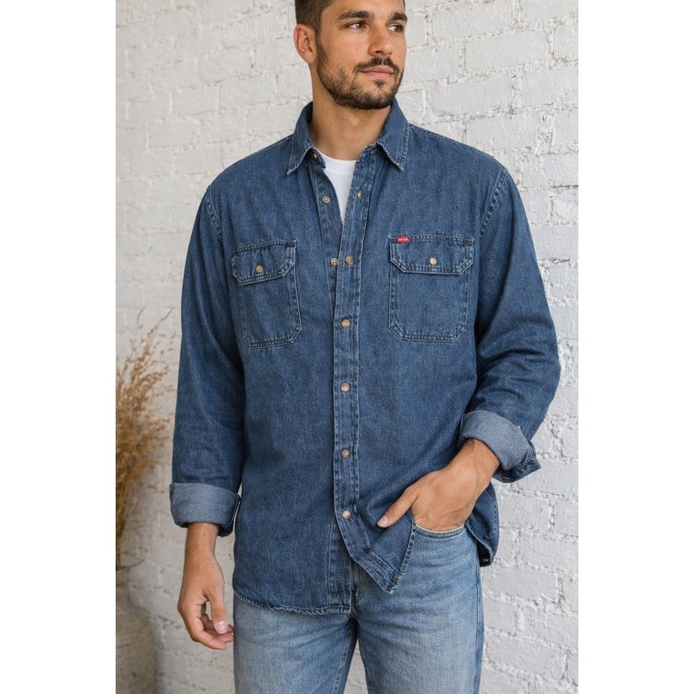 Wrangler Denim Button Down Shirt L‎ Blue Cotton Long Sleeve Western Casual